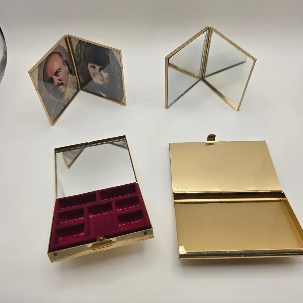 Vtg MCM Butterfly Enamel Vanity Set 4pc Pill Box Card Case‎ Mirror Picture Frame